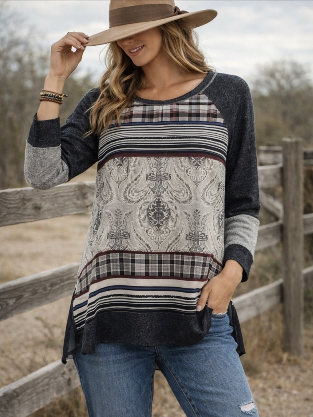 Democracy - gray, maroon & oat patchwork tunic - long sleeves - size M